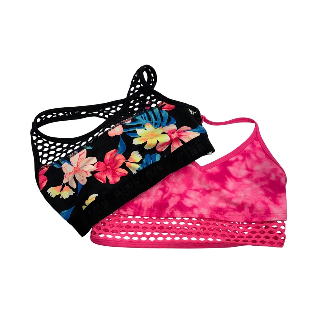 Victoria's Secret PINK Sports Bra Lot 2 Medium Floral Black Pink Tie Dye Mesh